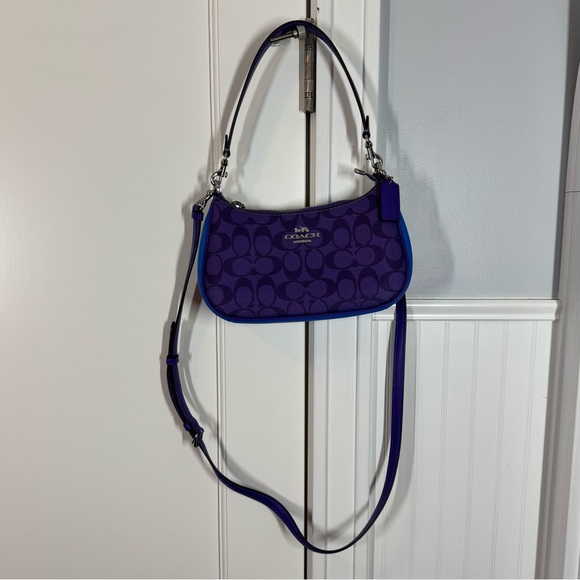 Coach Teri Shoulder Crossbody Bag In Blocked Signature Canvas Blue & Purple - Picture 2 of 12